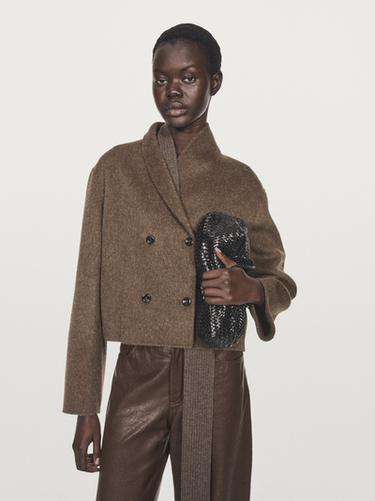 Chaqueta corta cruzada mezcla lana - Khaki oscuro de Zara