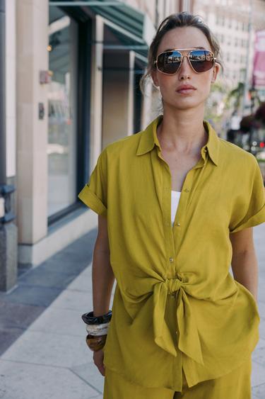 LINEN BLEND KNOT SHIRT - Mustard by Zara