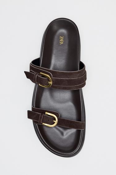 Zara LEATHER SANDALS WITH DOUBLE BUCKLE - Brown