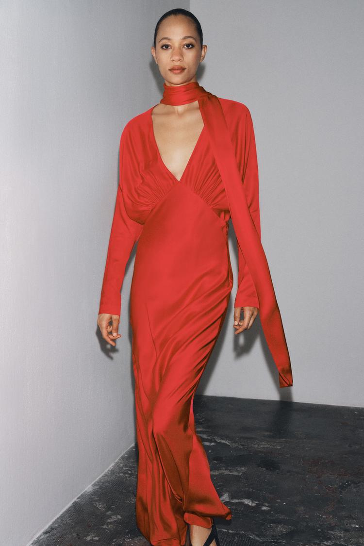 BATWING SLEEVE SCARF SATIN EFFECT DRESS