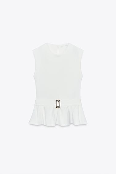 Zara BOUCLÉ BUCKLE PEPLUM TOP - Oyster-white - Image 0