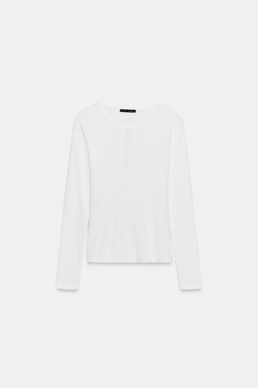 Zara RIBBED BUTTON-FRONT T-SHIRT - White
