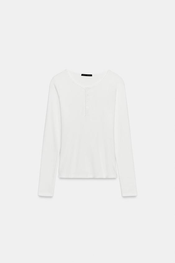 CAMISETA RIB BOTONES - Blanco de Zara - Imagen 0