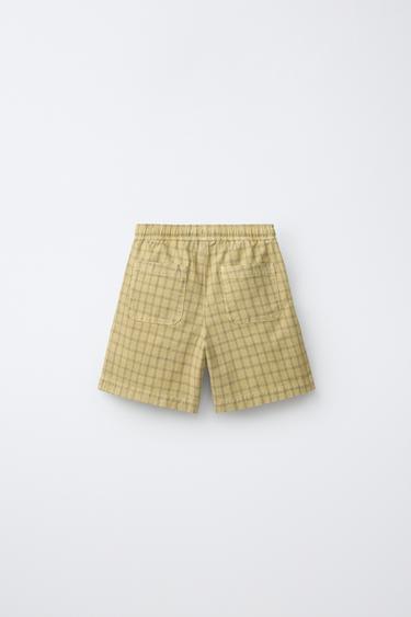 COTTON AND LINEN CHECK PRINT BERMUDA SHORTS - Light brown by Zara - Image 1
