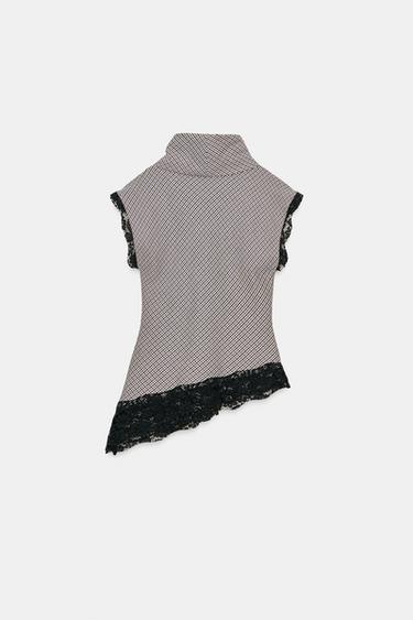 TOP PIED-DE-POULE EN DENTELLE - Écru / Bleu de Zara - Image 8