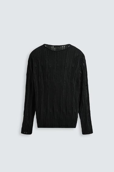 Zara DROP STITCH TEXTURED SWEATER - Black