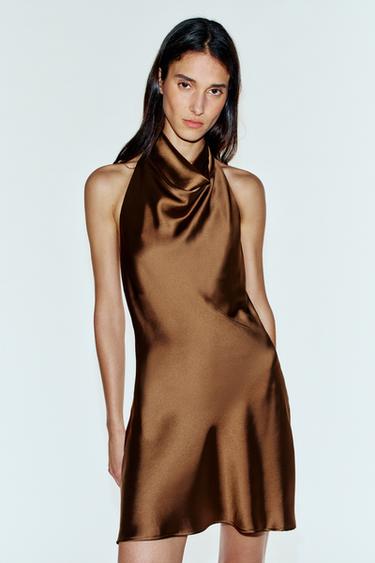 SATIN HALTER DRESS — Caramel 2