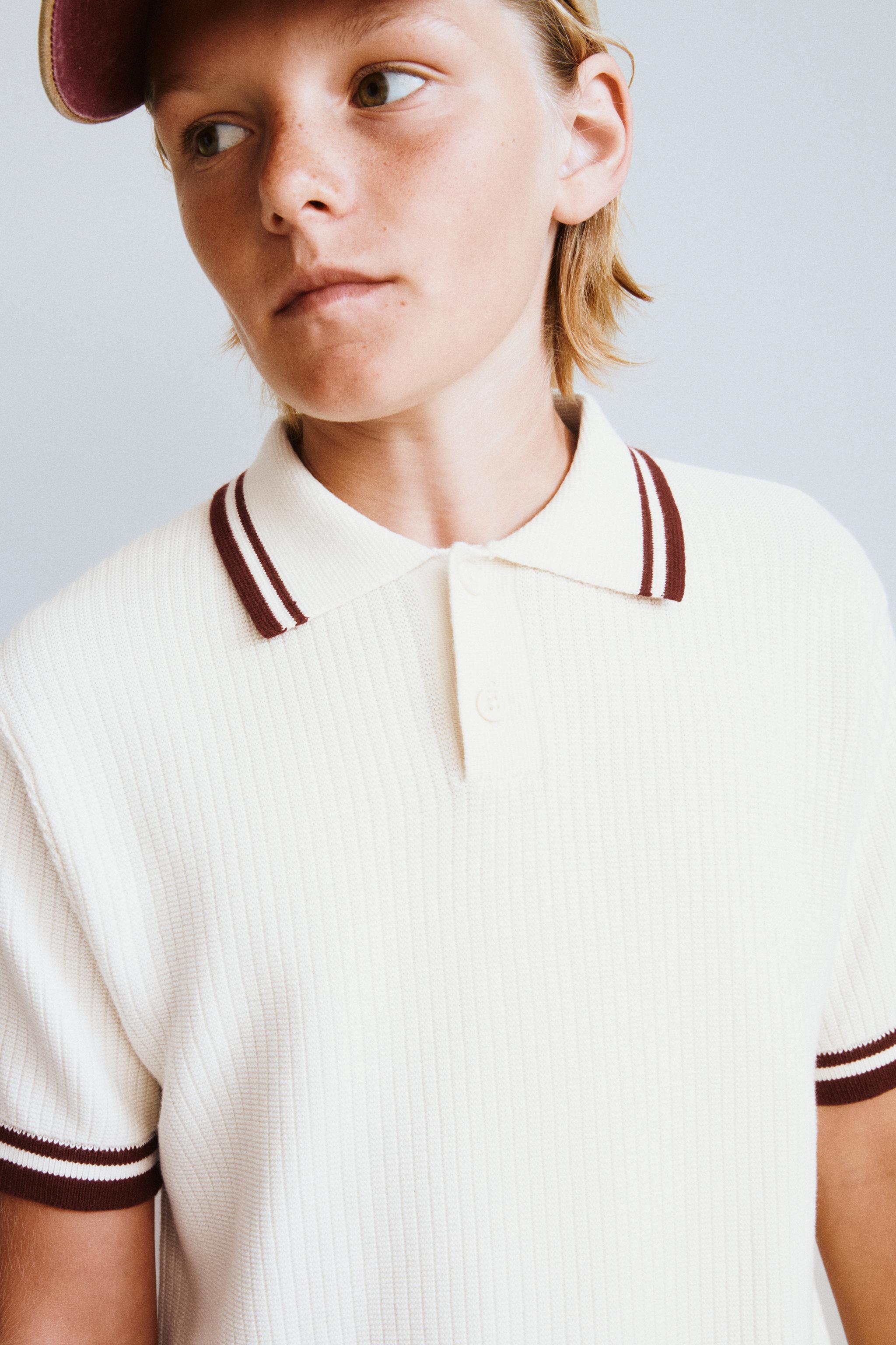 CONTRAST PIPING RIBBED KNIT POLO — Ecru