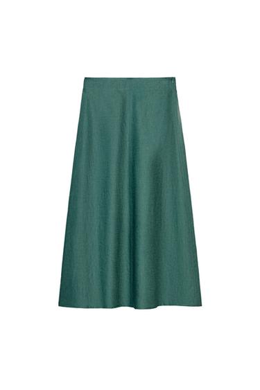 Zara 100% LINEN MIDI SKIRT - Duck green