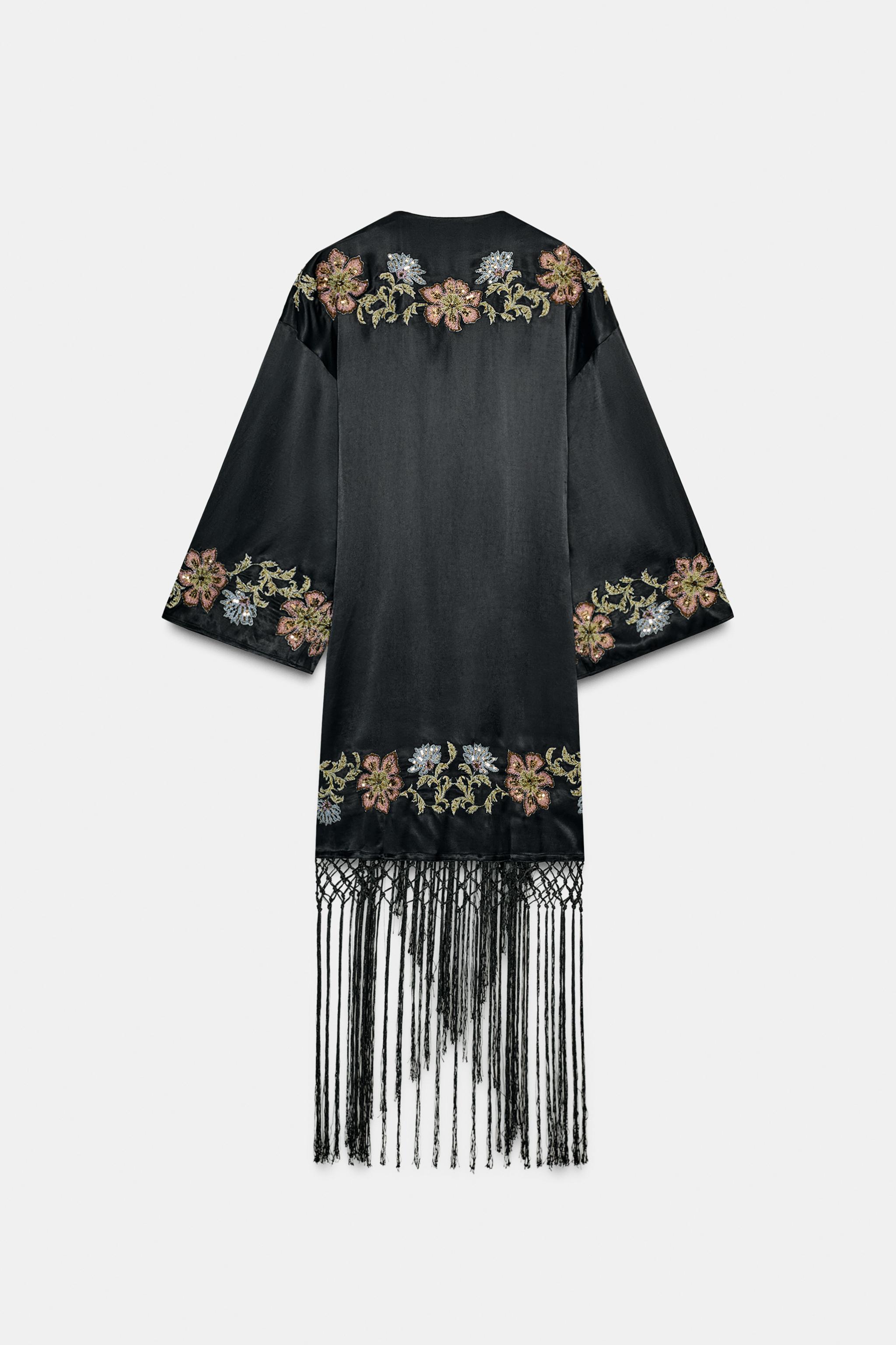 KIMONO WITH FLORAL EMBROIDERY AND FRINGING - Black | ZARA South Africa