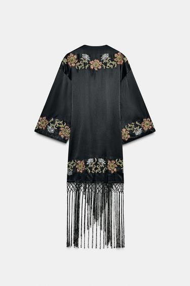 KIMONO BRODERIES FLEURS FRANGES - Noir de Zara - Image 6