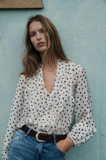 RUFFLED POLKA DOT BLOUSE - Ecru / Brown by Zara