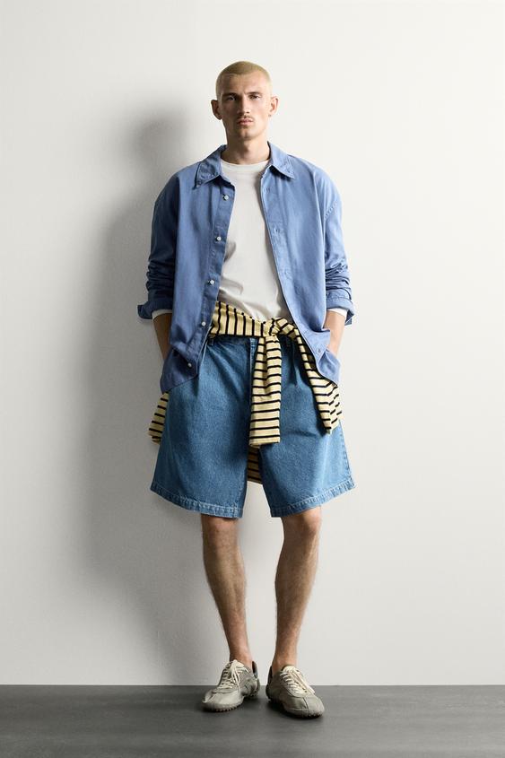 RELAXED FIT PLEATED DENIM CHINO BERMUDA SHORTS - Blue by Zara - Image 0