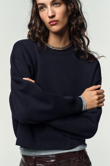 Zara PLAIN KNIT SWEATSHIRT - Navy blue