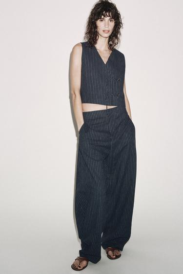 Zara ZW COLLECTION STRIPED LINEN BALLOON PANTS - navy