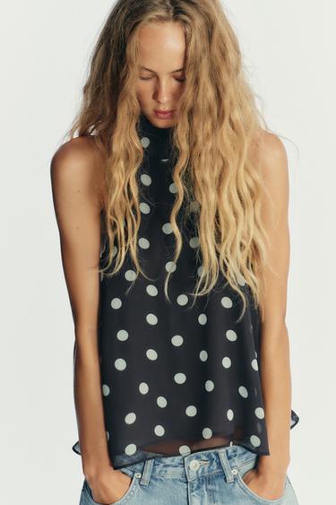 Zara POLKA DOT HALTER TOP - Dark navy