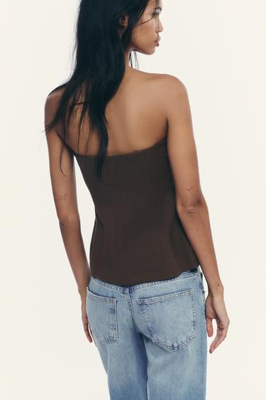 TOP EFFET LIN BUSTIER - Marron foncé de Zara - Image 2
