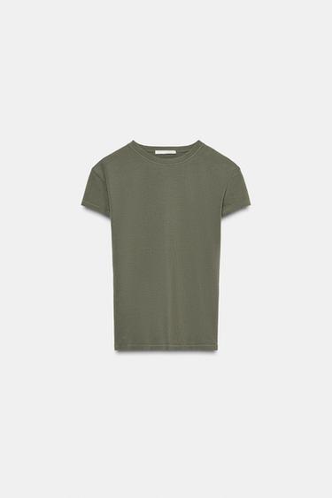 Zara SLIM FIT SHORT SLEEVE T-SHIRT - Khaki