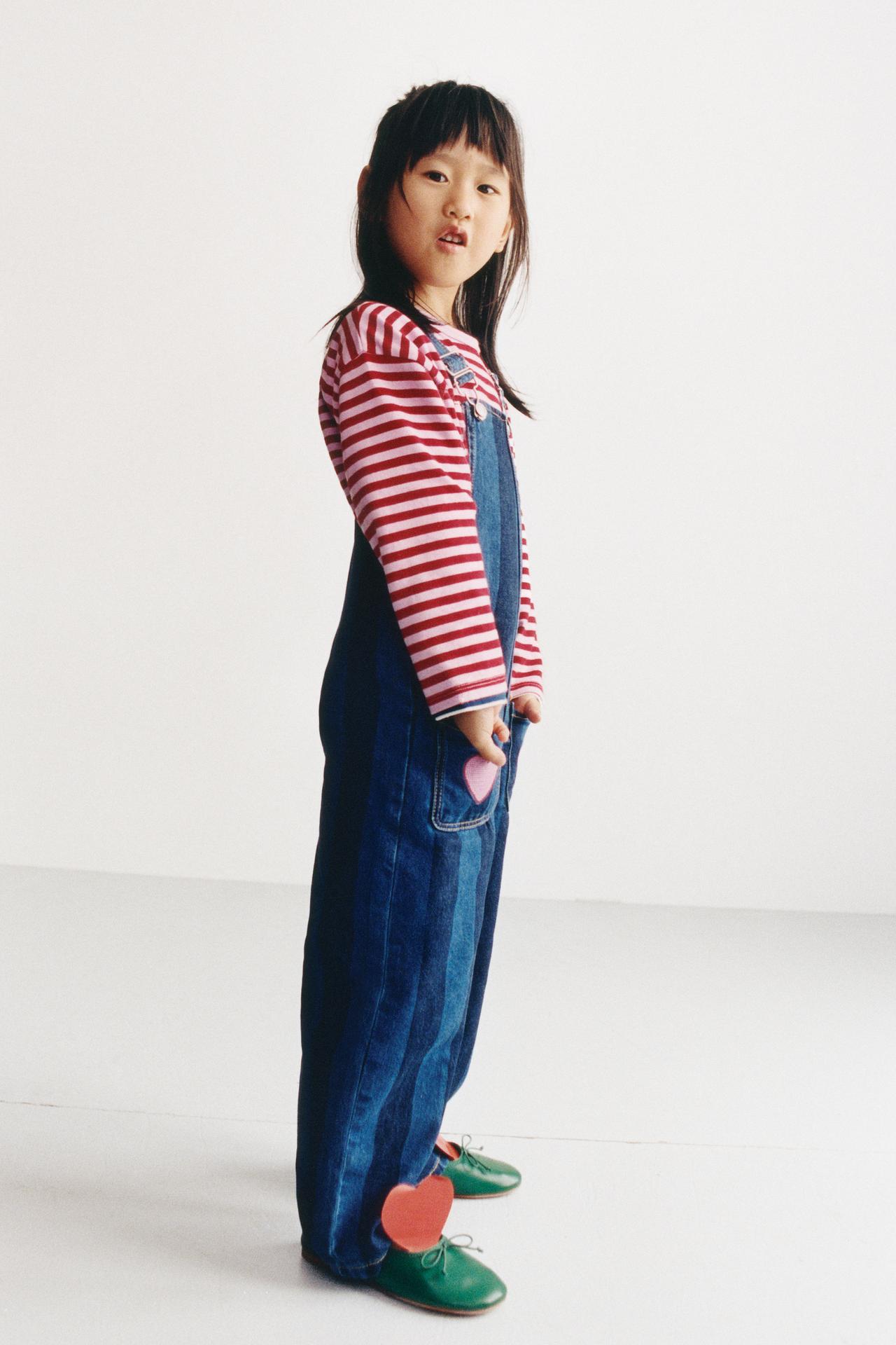 STRIPED HEART DENIM OVERALLS — Blue