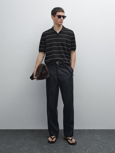 Zara Striped cotton polo shirt with short sleeves - Navy blue