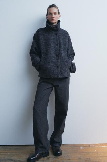 ZW COLLECTION SHORT HERRINGBONE WOOL COAT - Blue / Grey by Zara