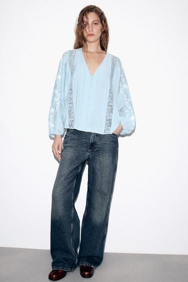 Zara CONTRAST EMBROIDERED BLOUSE - Pastel blue