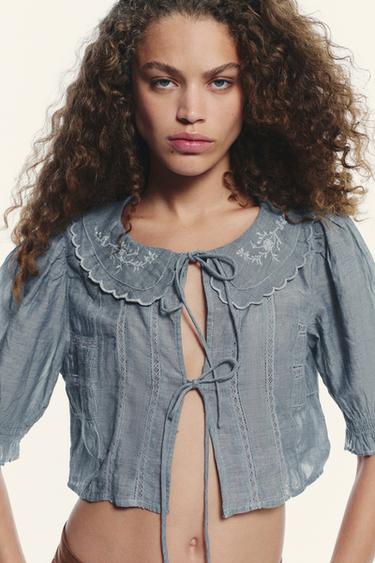 EMBROIDERED CROP SHIRT - Blue / Grey by Zara - Image 2