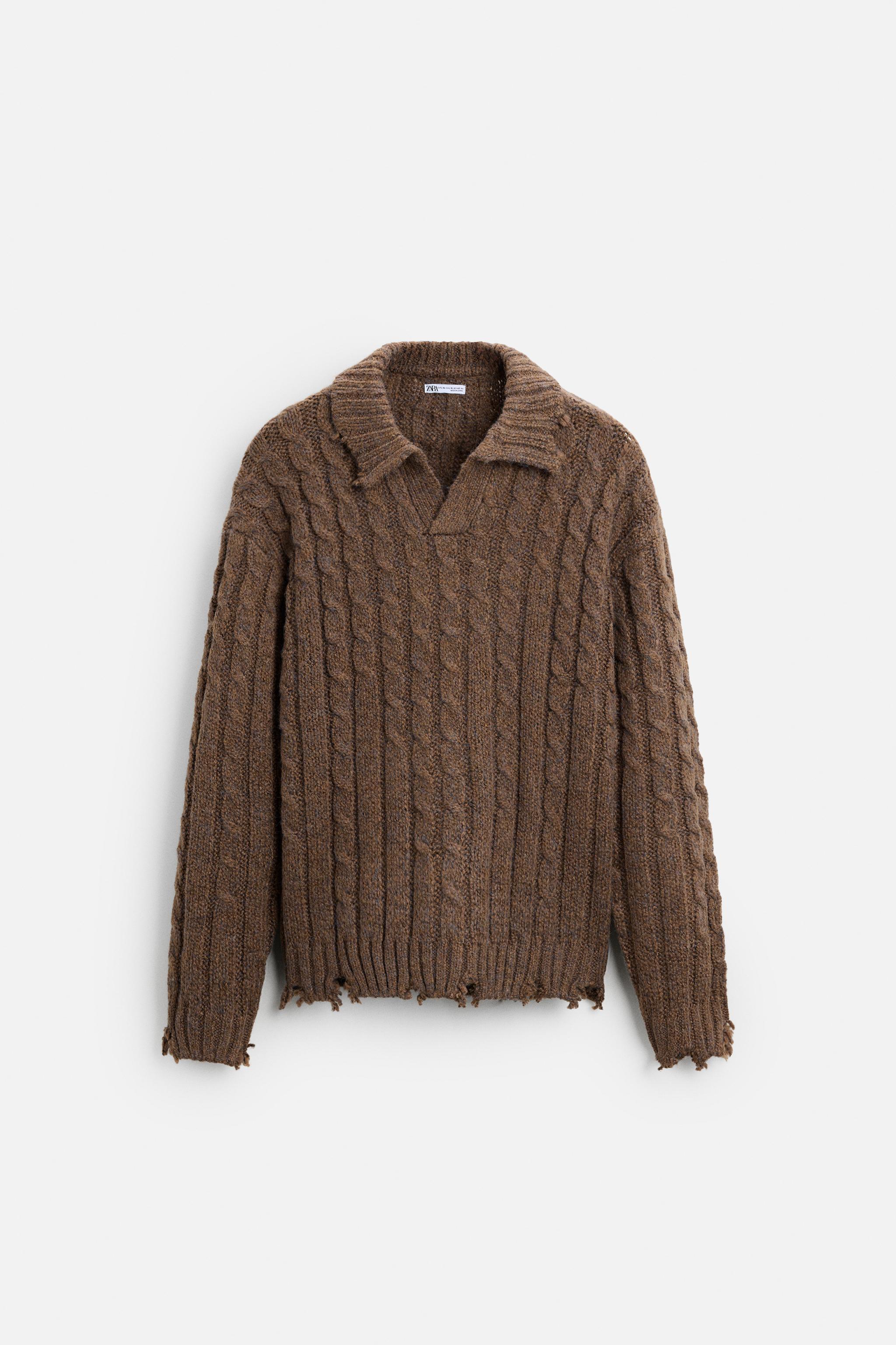 FRAYED EFFECT CABLE KNIT POLO - Brown | ZARA United States