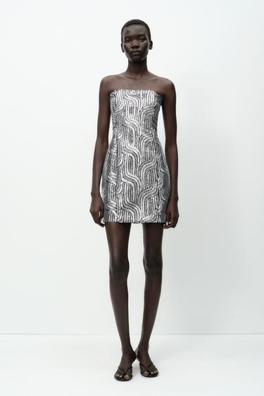 Zara SEQUIN MINI DRESS - Silver