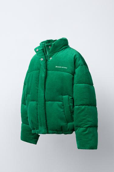 EMBROIDERED TEXT CORDUROY PUFFER JACKET - Green by Zara - Image 1