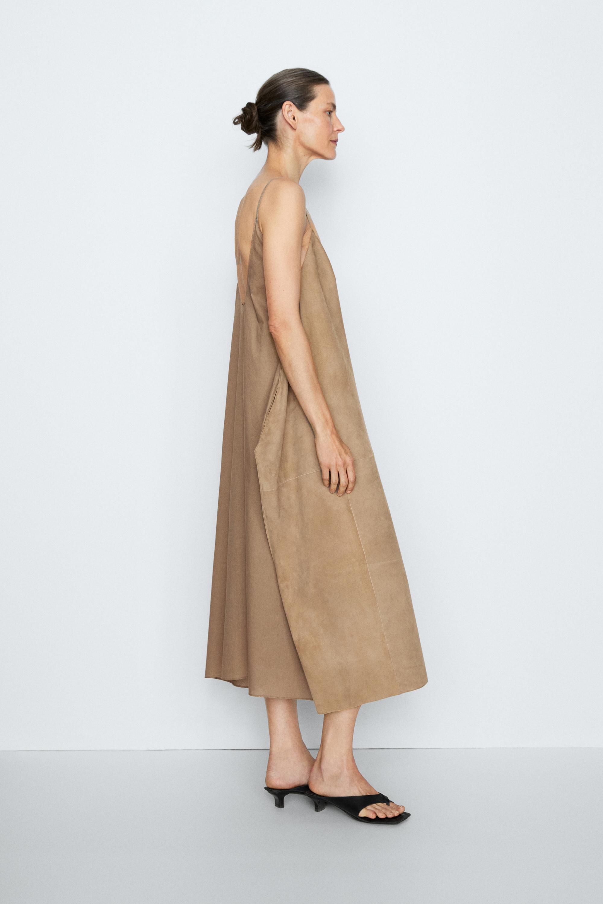 Suede leather combined dress - STUDIO — Stone