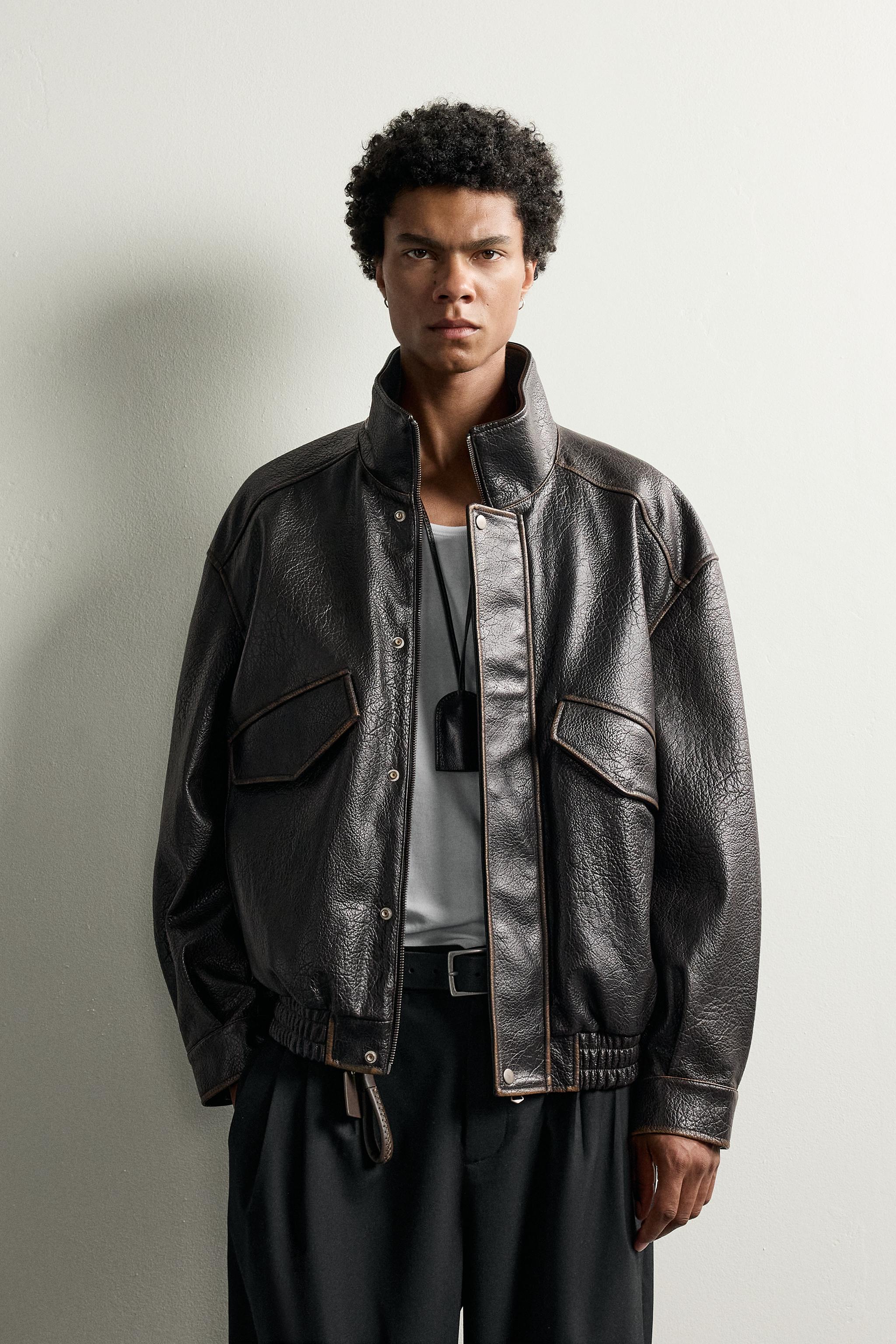 RELAXED FIT LEATHER EFFECT JACKET - Dark brown | ZARA Australia