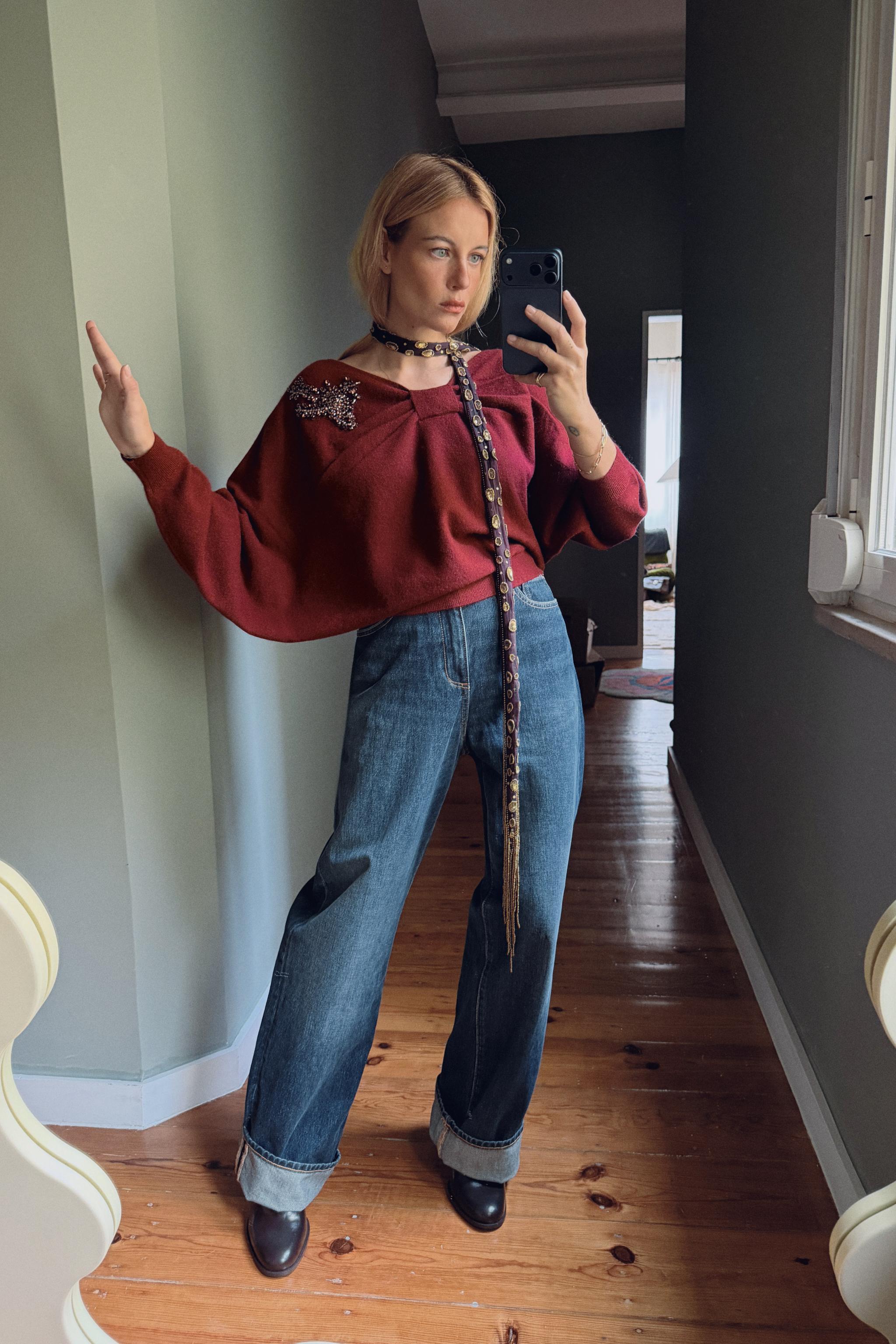 アシンメトリーラインストーンニットセーター - エンジ | ZARA Japan