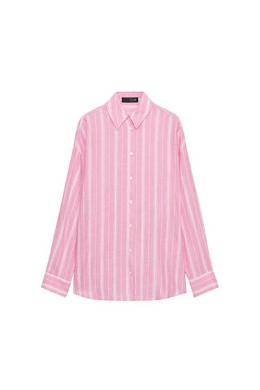 РУБАШКА ОВЕРСАЙЗ ИЗ ЛЬНА В ПОЛОСКУ — Розовый / Белый от Zara
