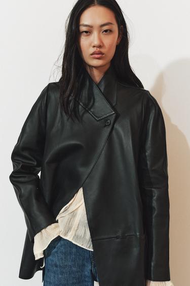 ZW COLLECTION 100% LEATHER DOUBLE-BREASTED BLAZER — Black 2