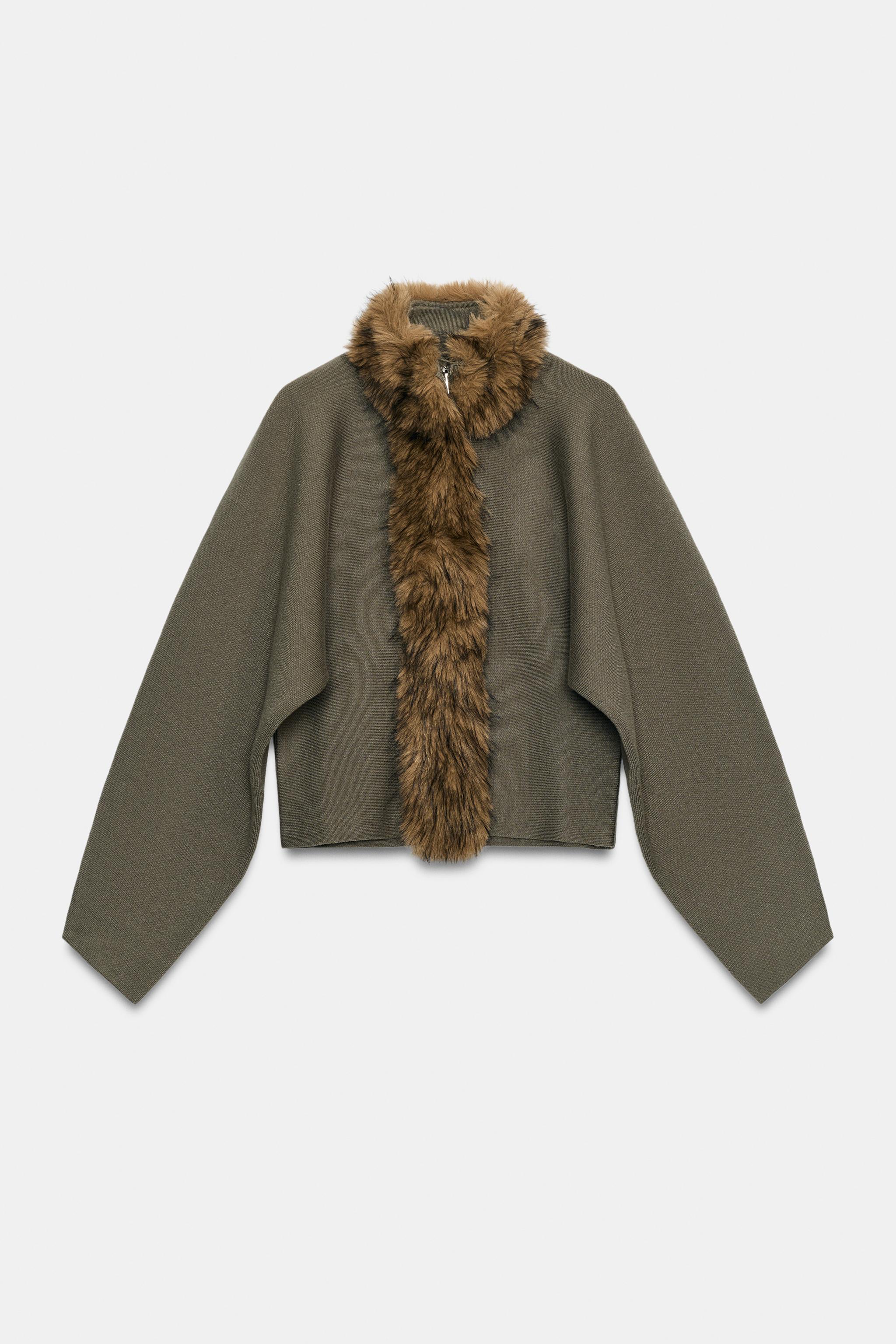 ZARA フェイクファーカーディガン オリーブ　our legacy似　L COMBINED FAUX FUR EFFECT CARDIGAN - Khaki | ZARA Canada