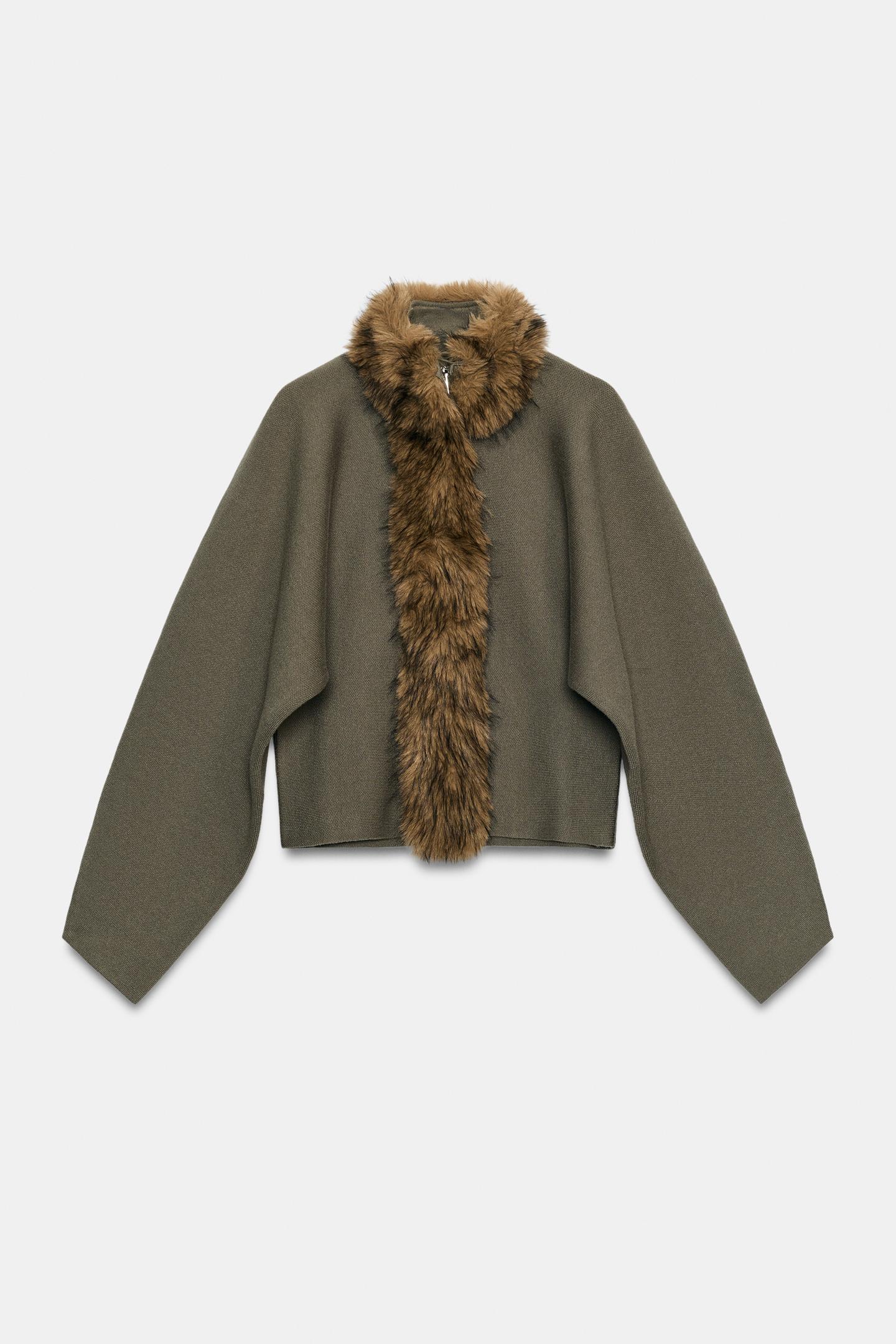 Женский кардиган Zara Combined Faux Fur Effect, цвет: Хаки — фото 7