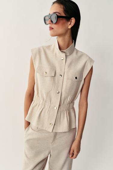 Zara LINEN BLEND POCKET VEST - Light beige