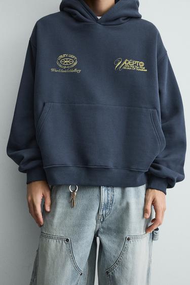 WASHED PRINTED SLOGAN HOODIE - Blue by Zara - Image 4
