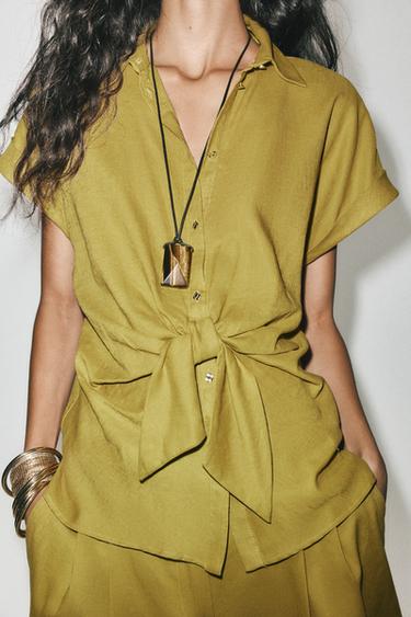 LINEN BLEND KNOT SHIRT - Mustard by Zara