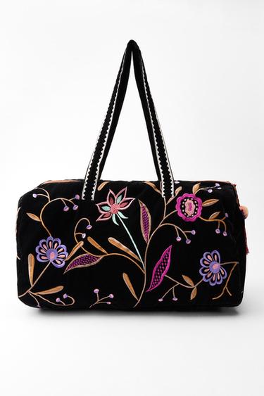 QUILTED VELVET TOTE BAG WITH SILK EMBROIDERY - Black by Zara
