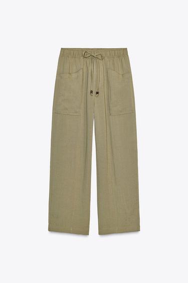 Zara RUSTIC ELASTIC WAIST PANTS - Khaki
