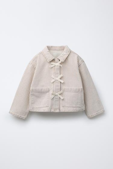 Zara STRIPED TWILL JACKET WITH BOWS - Ecru