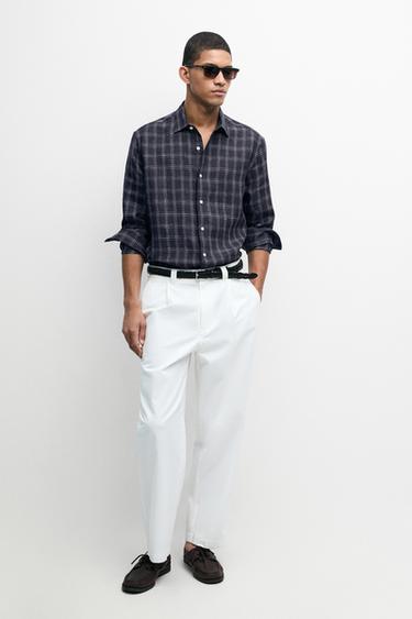 Chemise regular fit à carreaux 100 % lin - Bleu de Zara