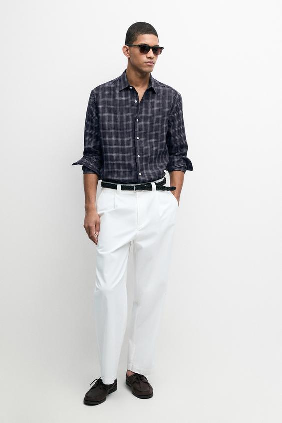 Chemise regular fit à carreaux 100 % lin - Bleu de Zara - Image 0