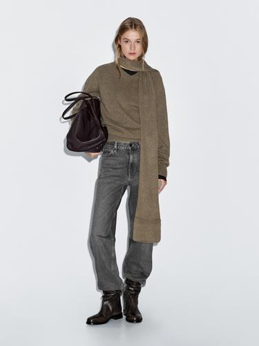 Zara 100% wool knit sweater with scarf and pocket - Green - Image 0