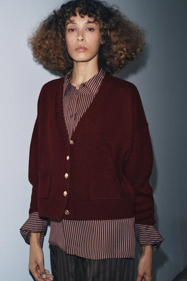 Zara 100% WOOL GOLD BUTTON CARDIGAN - Maroon