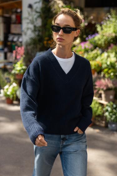 Zara SOFT KNIT V-NECK SWEATER - Navy blue