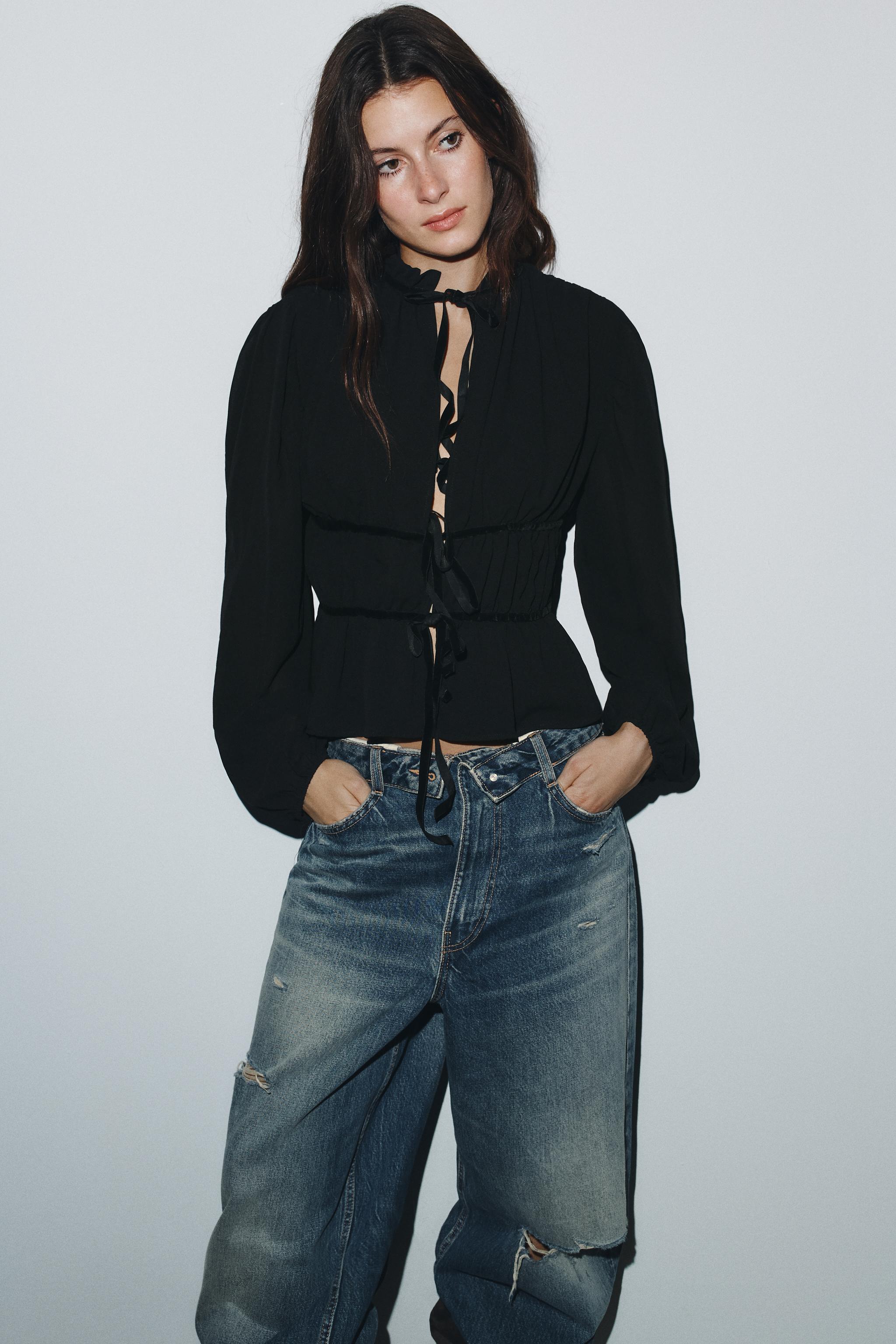 BLUSA GEORGETTE COM LAÇOS DE VELUDO - Preto | ZARA Brasil