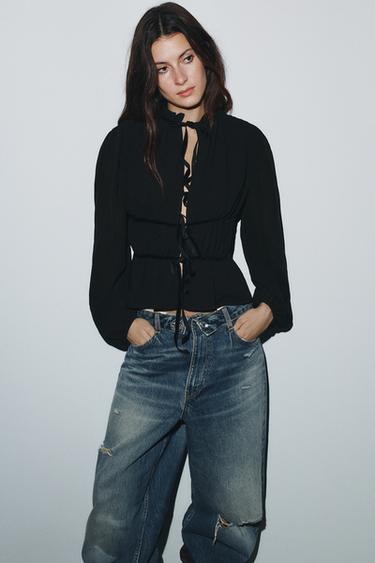 Zara GEORGETTE VELVET TIE BLOUSE - Black